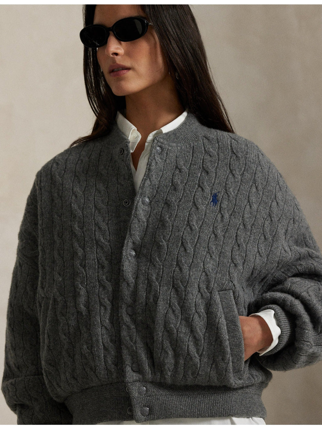 RALPH LAUREN WOMEN Cable-Knit Wool-Cashmere Bomber Jacket Antique Heather
