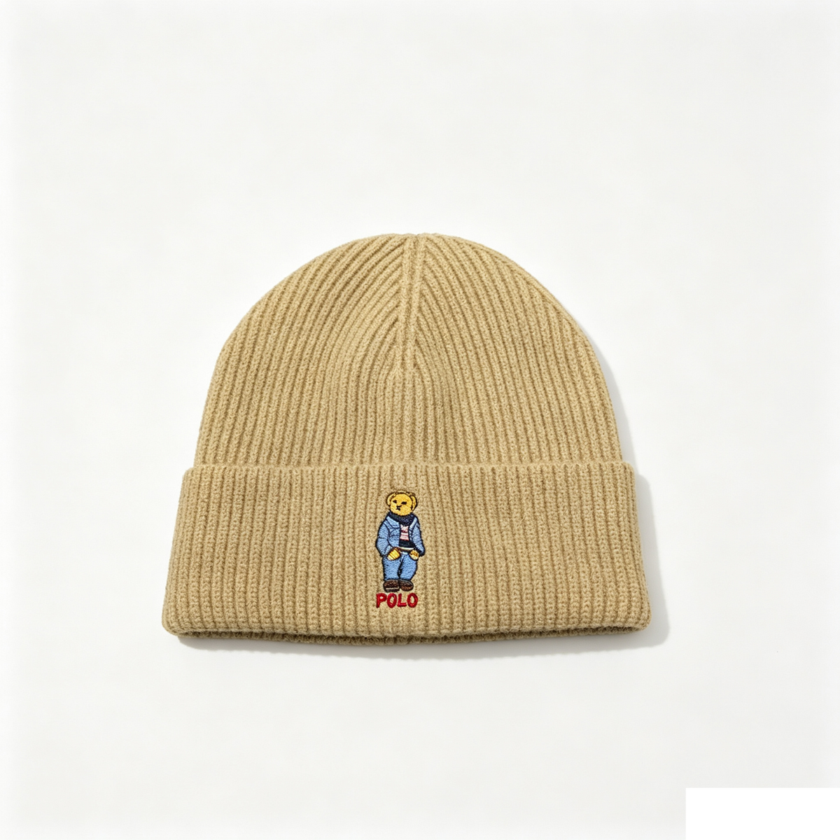 Polo Bear Embroidery Rib Knit Beanie, Khaki Soft Warm Winter Hat